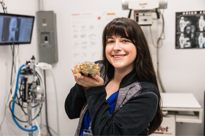 Vet tech at Chadwell Animal Hospital holding up a bearded dragon and smiling at camera